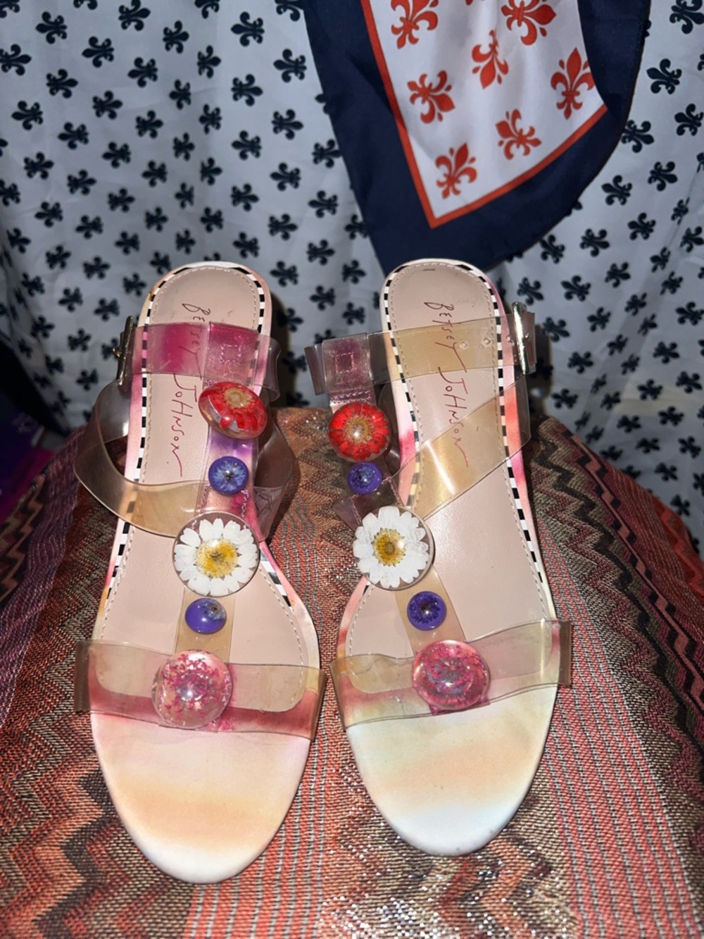 Betsy Johnson Pink Floral Gem Slide Sandals